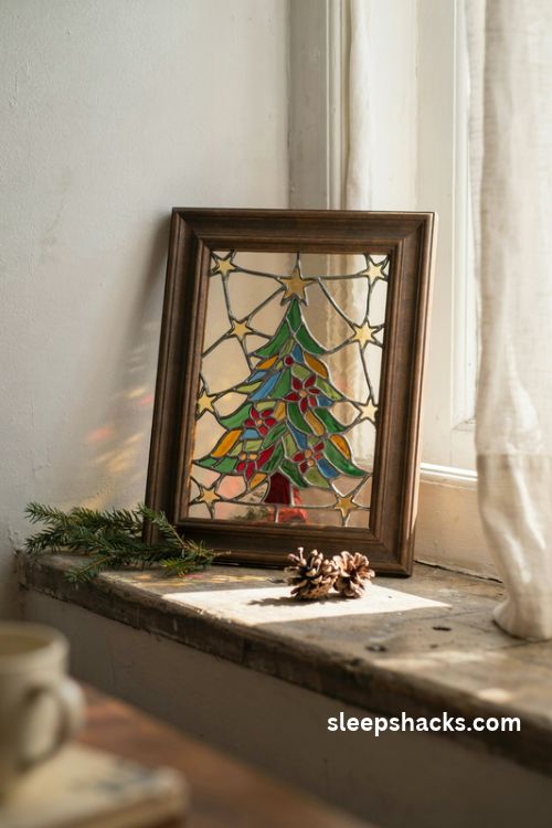 Glass picture frame Christmas stained glass mosaic with a colorful tree and glowing jewel toned panes