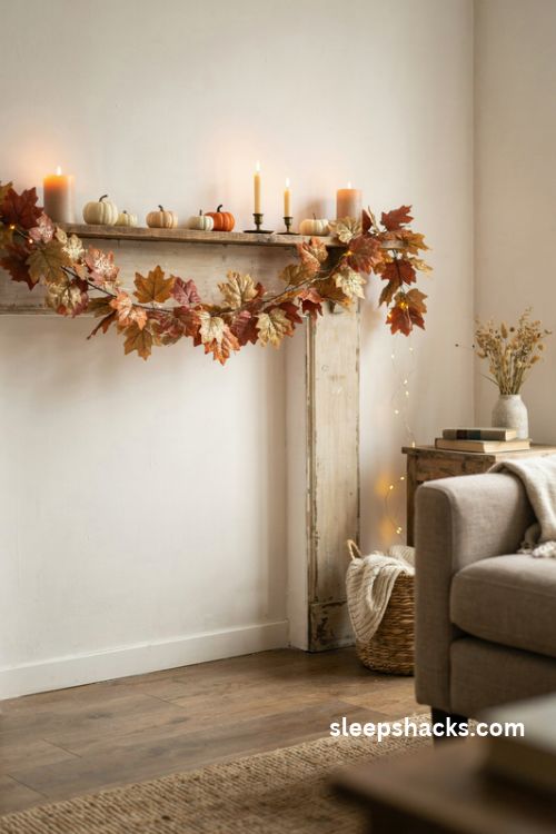 Glitter leaf mantel display with antique gold and copper autumn leaves mini pumpkins and warm candlelight in a cozy farmhouse living room