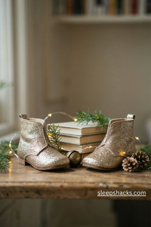 Glittered kids boots in champagne gold on a Christmas bookshelf with vintage holiday books and warm fairy lights