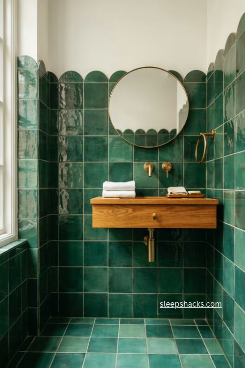 Glossy emerald green tile bathroom with wood vanity brass fixtures and white towels