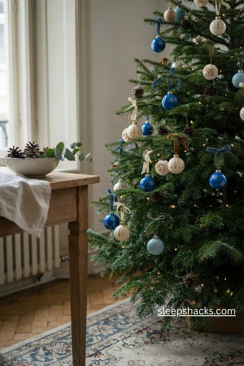 Glossy hand painted ceramic christmas baubles in cobalt blue white and gold