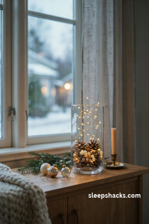 Glowing Christmas fairy lights in a glass vase with pinecones and warm white lights
