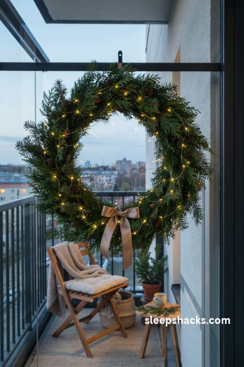 Glowing Christmas wreath with warm fairy lights and a red bow on a balcony railing