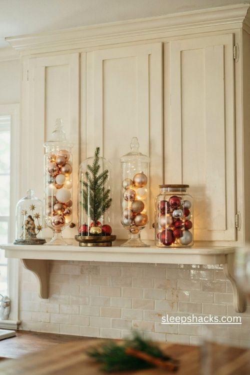 Glowing glass apothecary jars and cloches filled with elegant christmas ornaments above kitchen cabinets