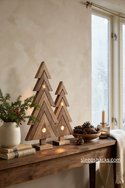Glowing wood christmas trees with warm white led lights on a rustic console table 