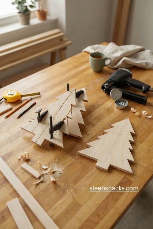 Gluing and pinning pine branches for a DIY Christmas tree