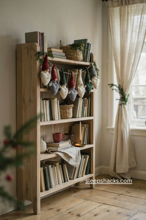 Gnome Christmas garland with crochet gnomes in red green gray and cream
