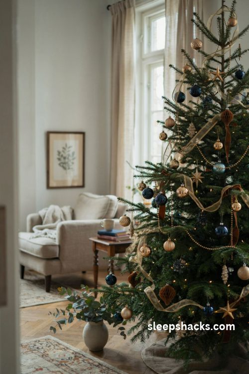 Gold accents on a blue and brown Christmas tree with antique gold stars glass ornaments and elegant ribbon