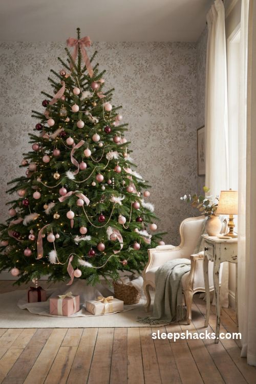 Gold and blush pink christmas tree with pearl garlands silk ribbon and vintage ornaments
