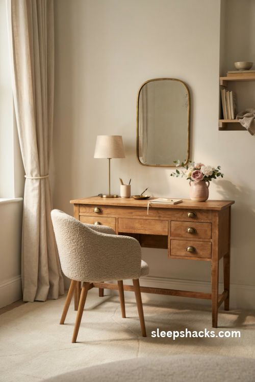 Gold and brass accents in a feminine home office with an antique wooden desk, brushed brass hardware, elegant gold desk lamp, blush pink decor, and warm natural light