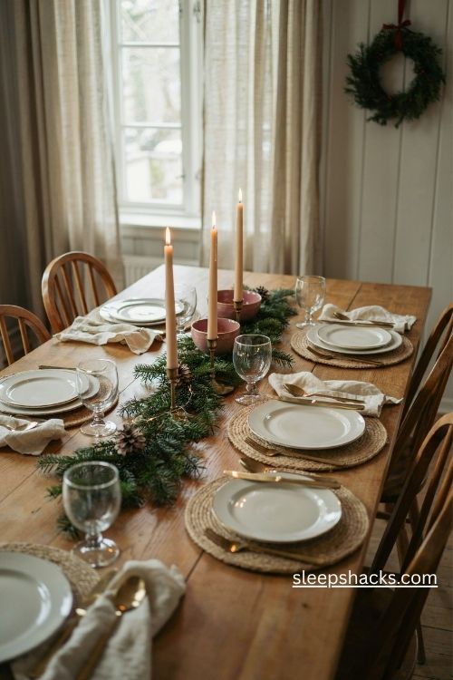 Gold and brushed brass flatware for an elegant Christmas table with white plates and candlelight