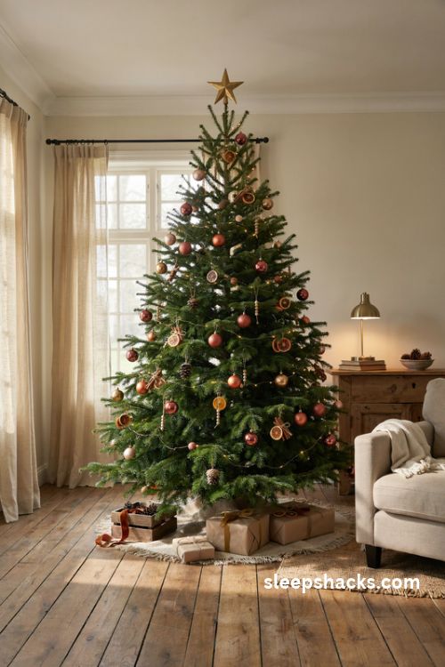 Gold and copper christmas tree with dried orange slices cinnamon sticks and bronze ornaments