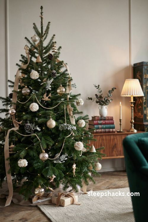 Gold and cream chinoiserie christmas tree with champagne ribbon pearl garland and antique gold ornaments