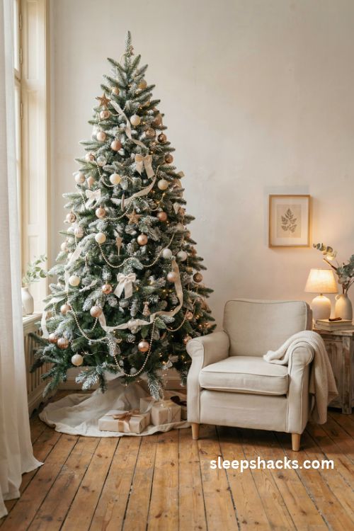 Gold and cream christmas tree with frosted branches ivory ribbon and pearl ornaments