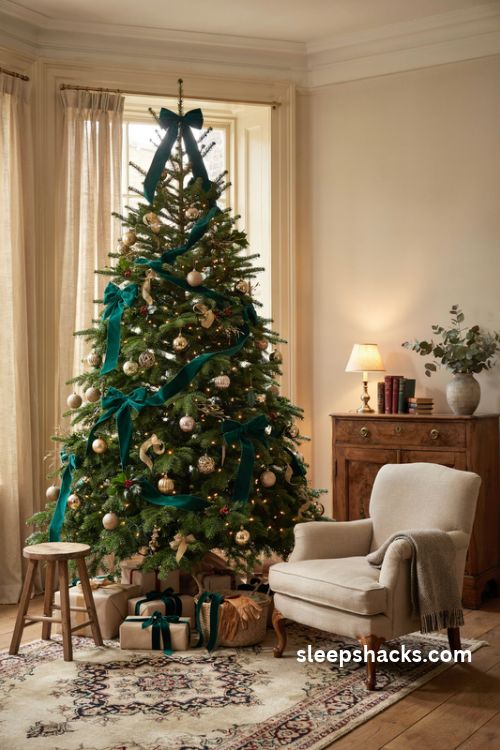Gold and emerald christmas tree with oversized velvet bows and elegant gold ornaments