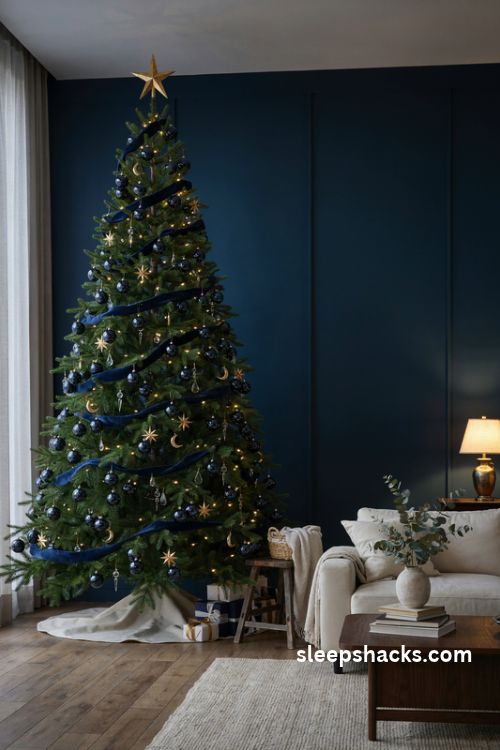 Gold and navy christmas tree with velvet ribbon celestial stars and crystal ornaments