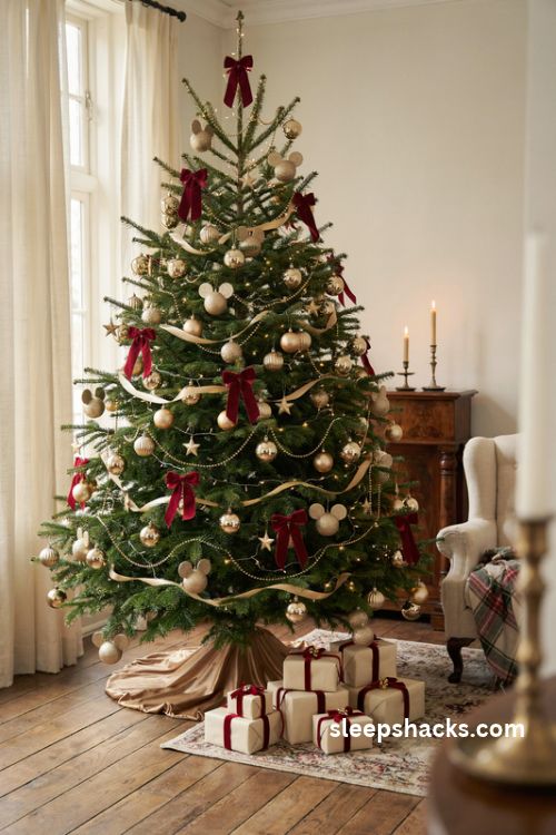 Gold and red mickey mouse christmas tree with velvet bows and glittering ornaments