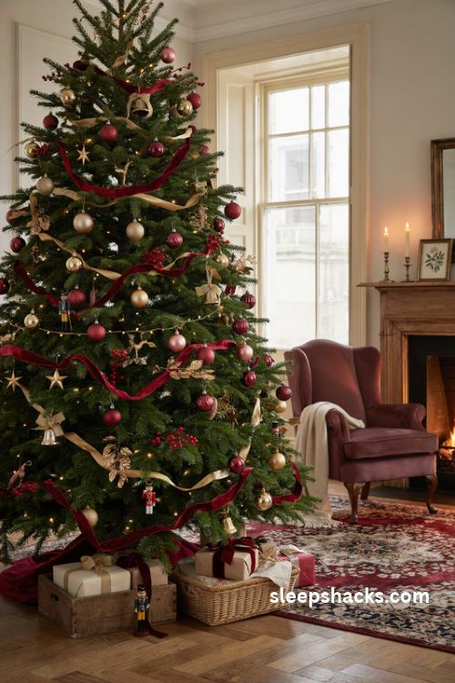 Gold and red traditional christmas tree with burgundy velvet ribbon and vintage ornaments