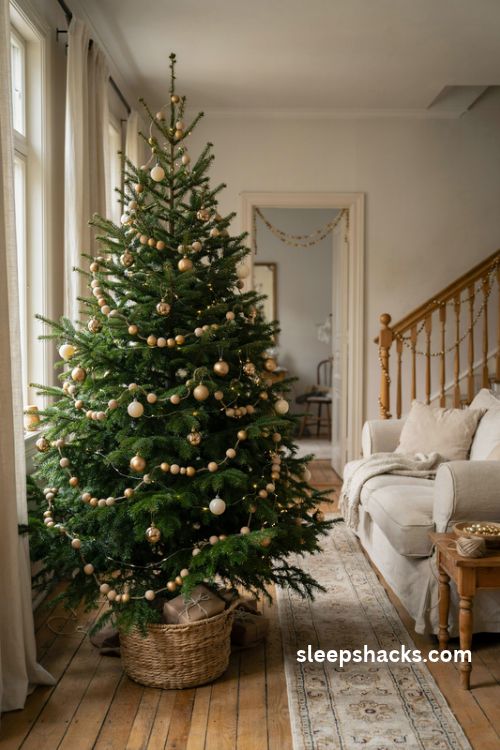 Gold bead garland on a green christmas tree with handmade wooden beads and warm lights