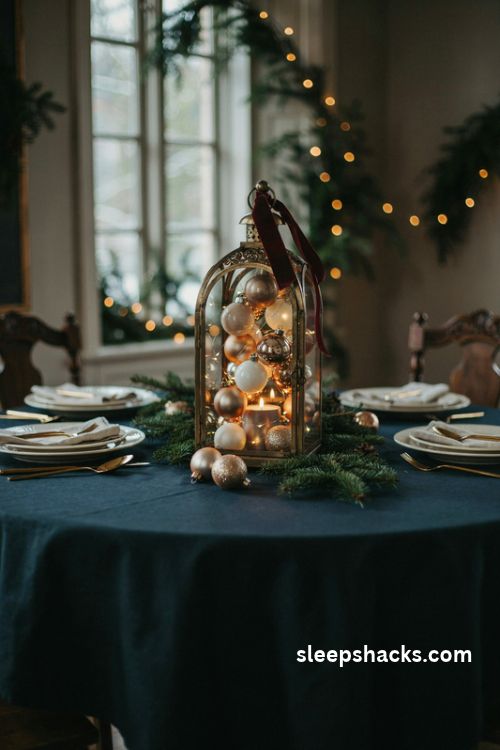 Gold brass Christmas lantern centerpiece with champagne glass ornaments and burgundy velvet ribbon
