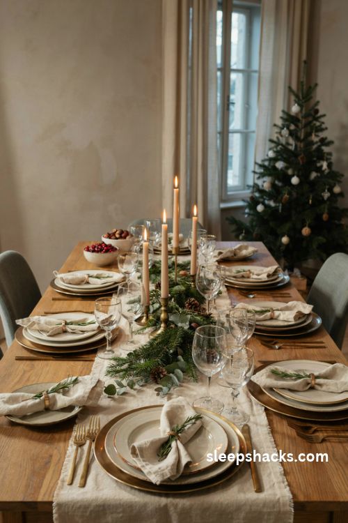 Gold charger christmas table setting with white plates linen napkins and evergreen centerpiece