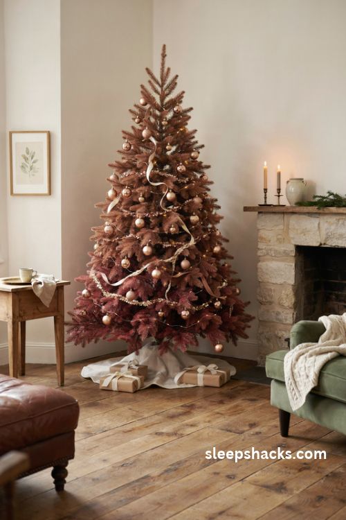Gold christmas decorations tree with warm lights and vintage elegant ornaments