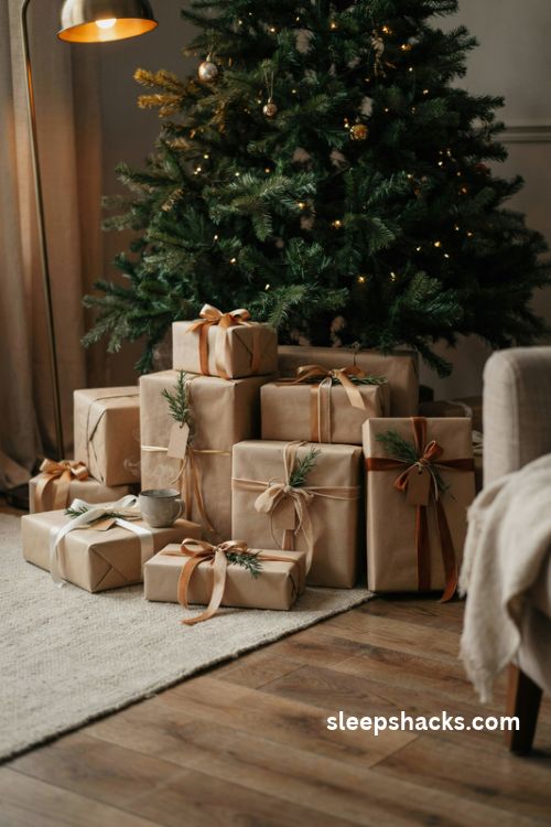 Gold christmas gift wrapping with satin ribbons kraft paper and elegant presents under the tree