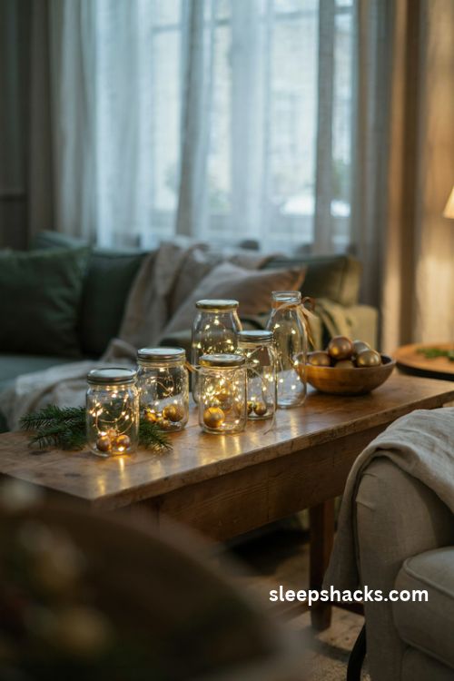 Gold fairy lights in glass jars with warm glowing ornaments for cozy christmas decor