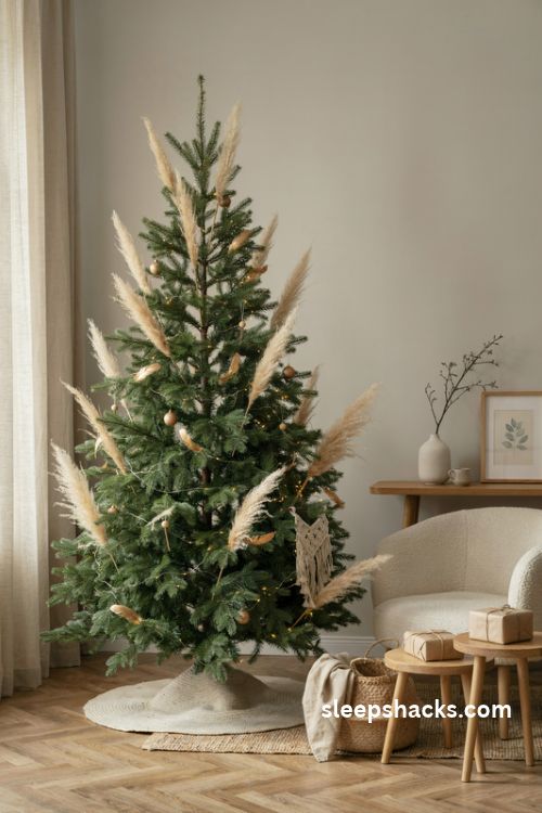 Gold feather and pampas grass christmas tree with wooden beads and boho decor