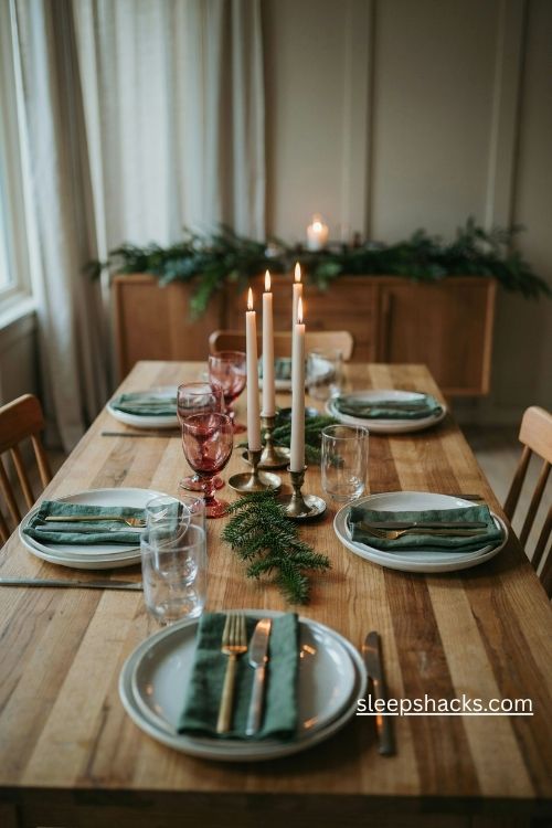 Gold flatware on white plates with deep green napkins for christmas dinner