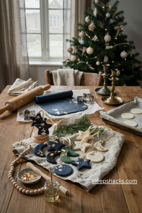 Gold foil polymer clay christmas ornaments in navy green and black with elegant metallic accents