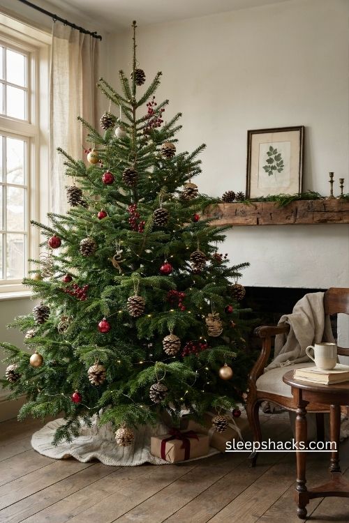 Gold glitter pinecones and red berry clusters on a rustic christmas tree