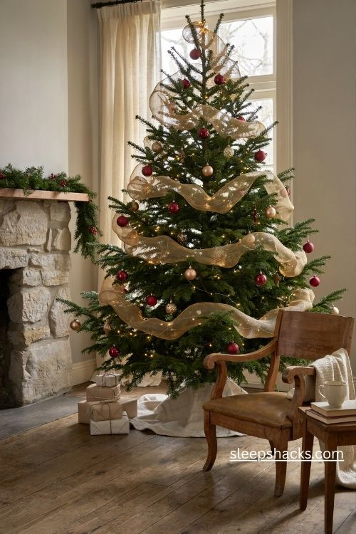 Gold mesh garland swags on a red and gold christmas tree with warm glowing lights