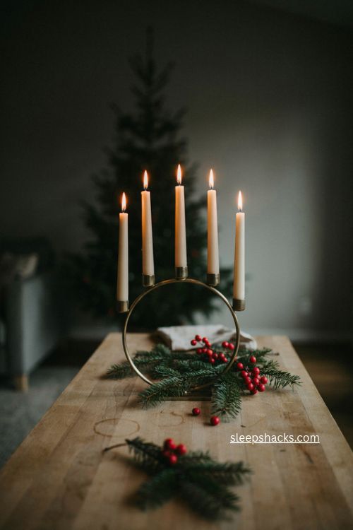 Gold metal ring christmas advent candle holder with cream candles and pine