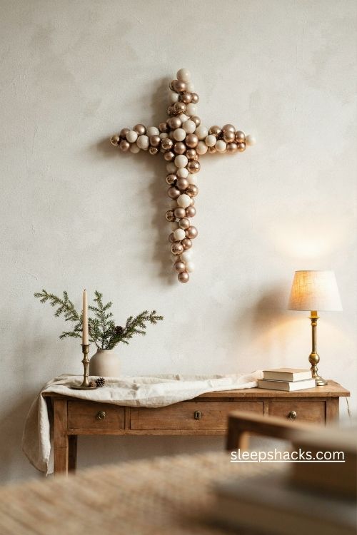 Gold ornament cluster cross christmas tree with champagne baubles on an elegant neutral wall