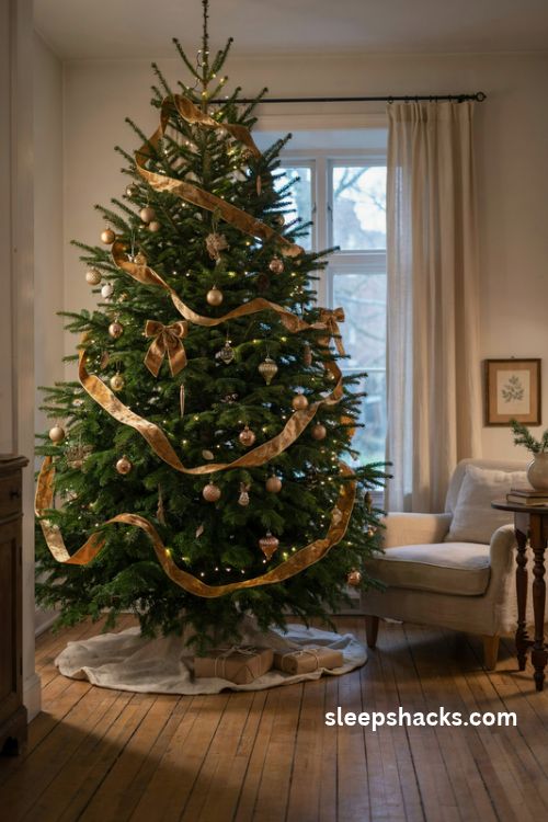 Gold ribbon cascade christmas tree with flowing velvet ribbon and warm white lights