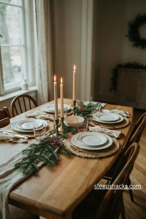 Gold rimmed Christmas dinnerware with ivory plates, linen napkins and warm candlelight