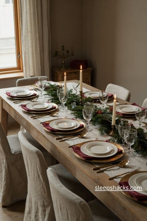 Gold rimmed charger plates with white dinnerware and red napkins for christmas