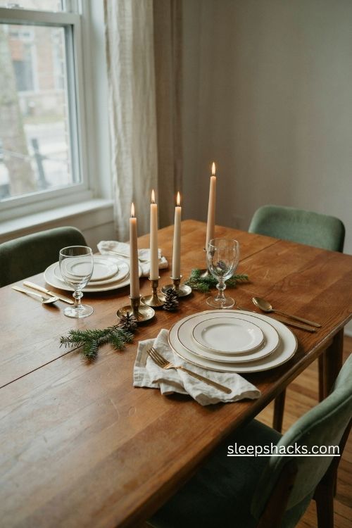 Gold rimmed christmas dinner plates layered with cream china gold flatware and candlelight