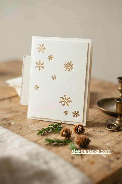 Gold snowflake die cut Christmas card on soft cream paper