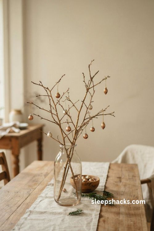 Gold sprayed branches christmas centerpiece in a glass vase with delicate hanging ornaments