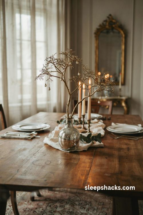 Gold sprayed branches in a mercury glass vase with elegant Christmas candlelight