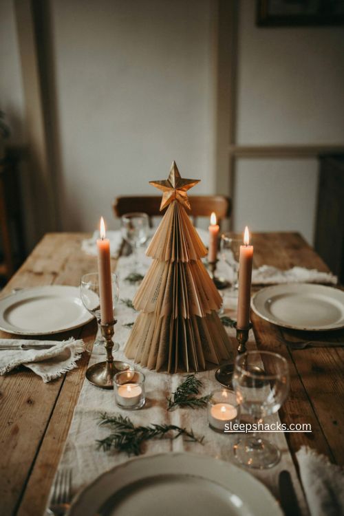 Gold sprayed folded book christmas tree with paper star holiday table centerpiece 