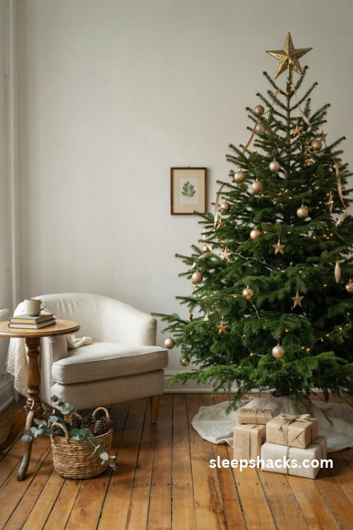 Gold star christmas tree topper with warm lights and classic rustic ornaments