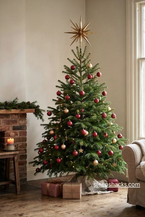 Gold starburst christmas tree topper with red and gold ornaments and warm white lights