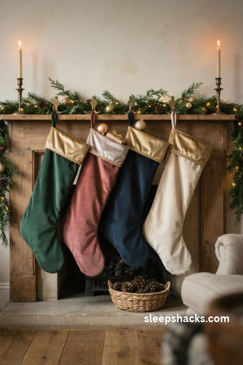 Gold trimmed velvet christmas stockings in green burgundy and navy on a cozy mantel