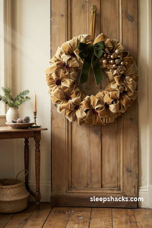 Gold velvet christmas wreath with deep green bow and elegant handmade holiday decor