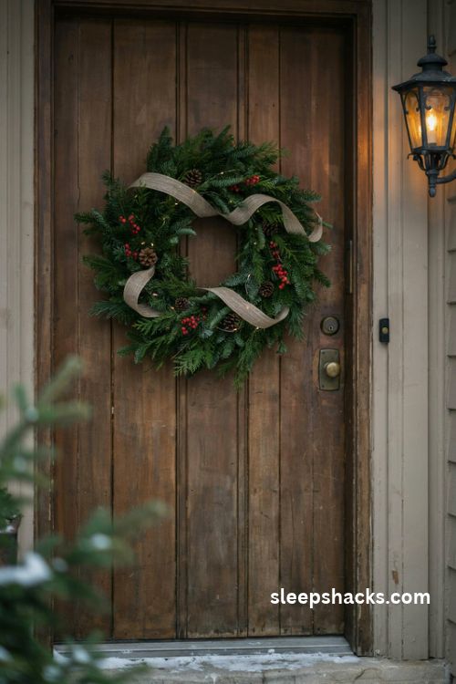 Gold wired ribbon sash on an evergreen Christmas wreath with red berries and warm white lights