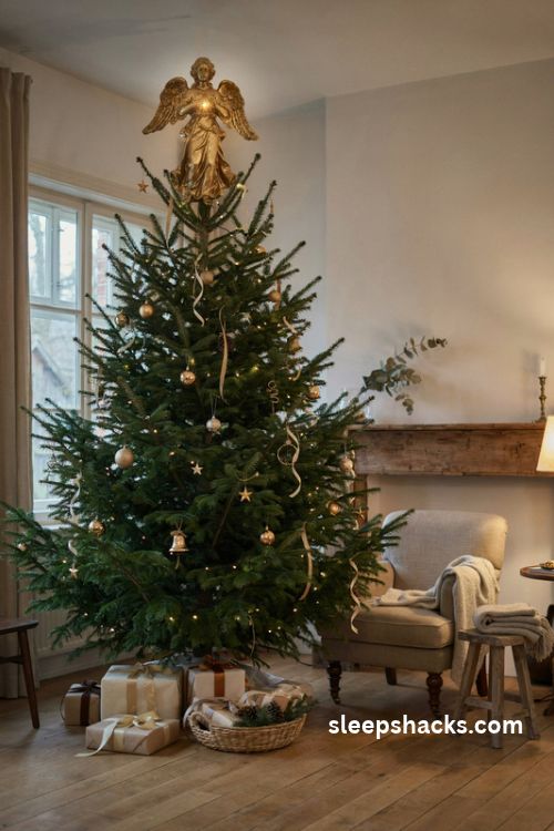 Golden angel christmas tree topper with delicate wings and glowing gold ornaments