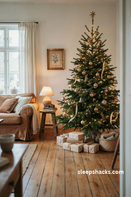 Golden christmas tree decorating ideas for a warm and elegant living room